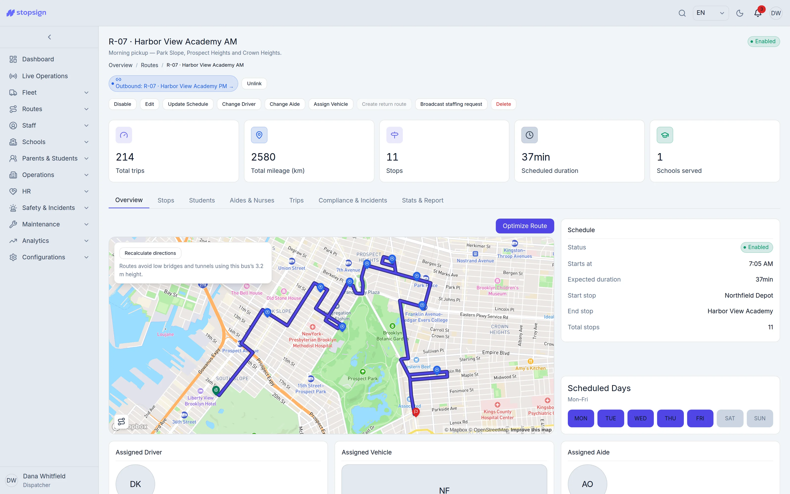 Fleet admin route detail with the live map, stop timeline and route actions.