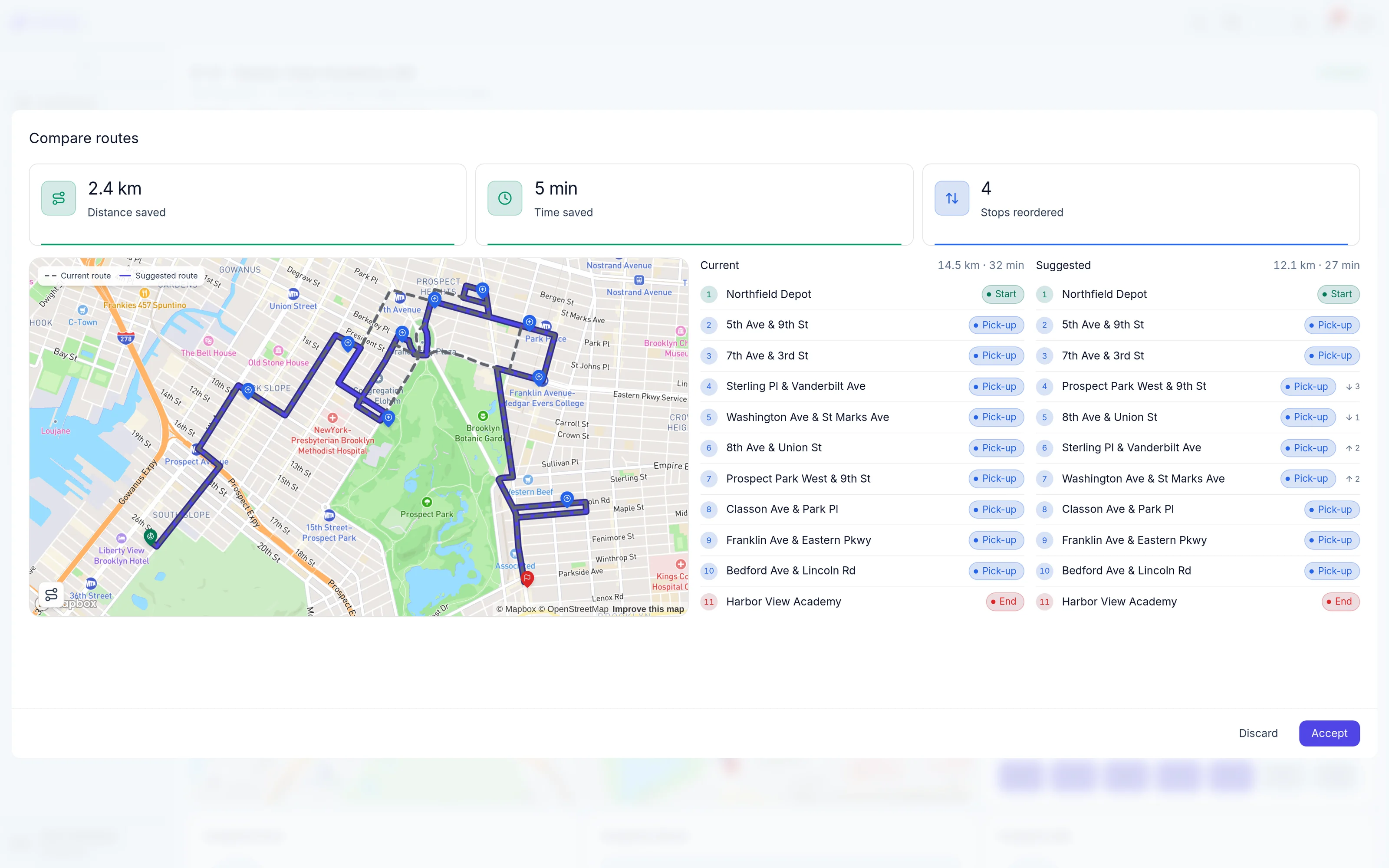Route optimization suggestion showing a better stop order and the time and distance saved.