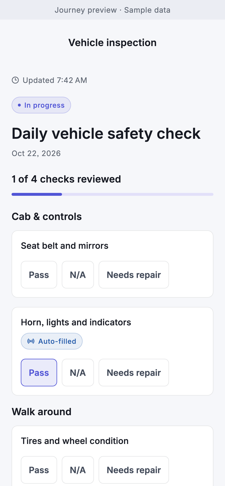 Driver daily inspection where a failed brake lamp blocks Route R-12 until it is fixed.