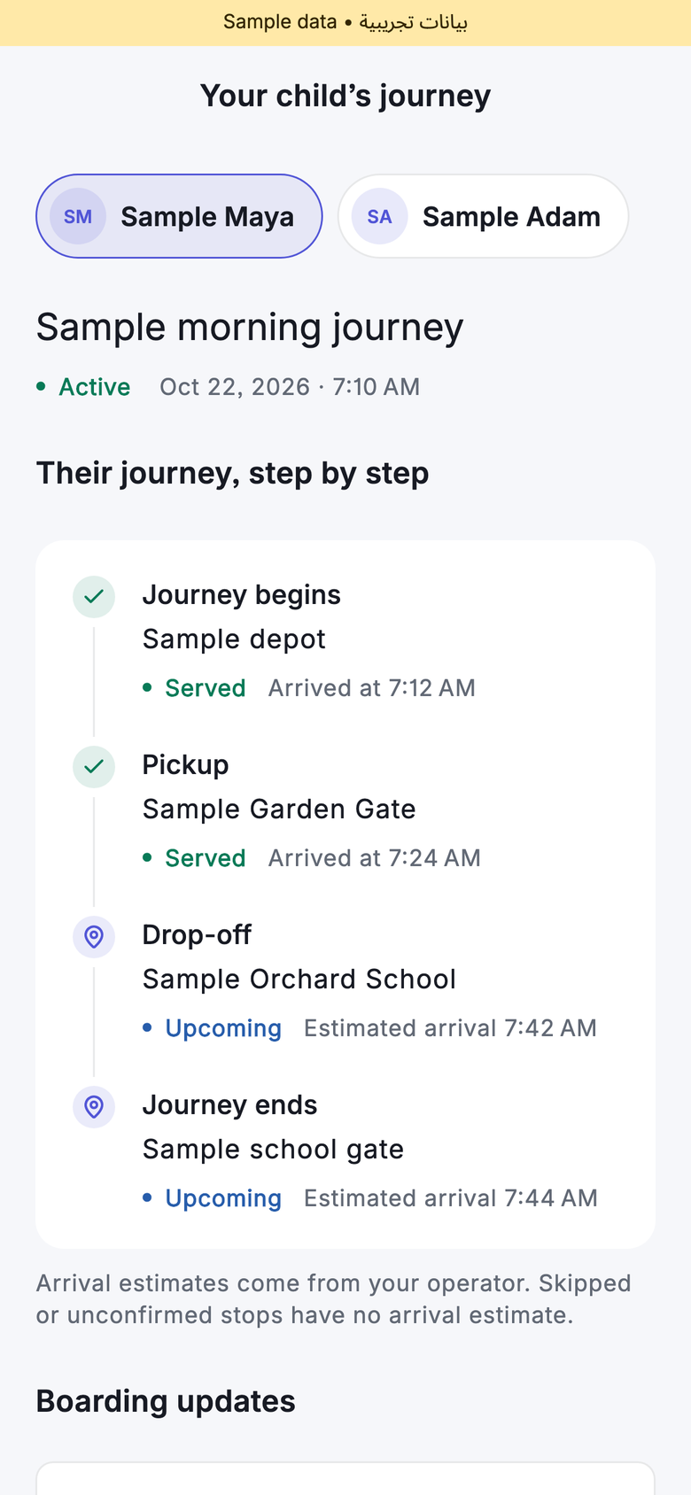 Parent app showing the bus two stops away, a 6 minute arrival estimate and a cancellation notice for tomorrow.
