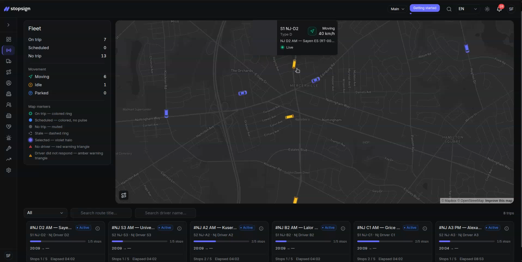 Live Operations map with every active trip, its route and its progress